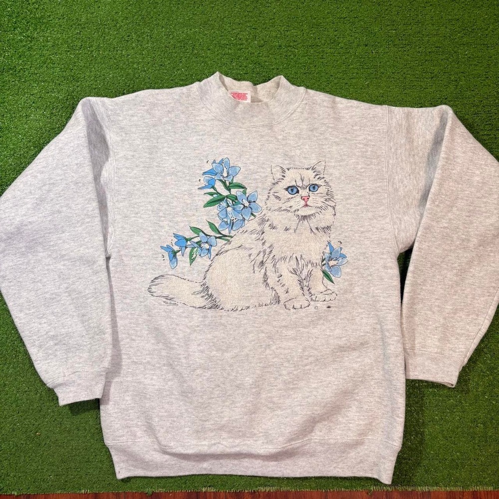 Vintage 90s Hanes Heavyweight Cat Sweater Floral Grannycore